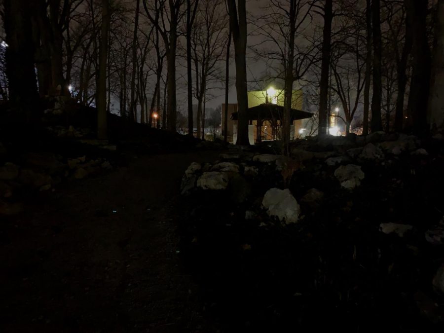 Nighttime view of the Oriental Garden and Tea House at Marian University.